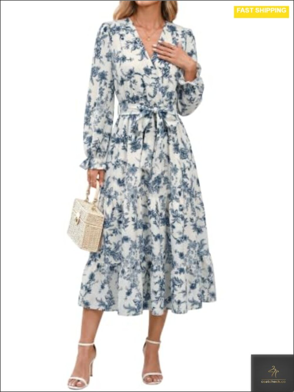 Floral V Neck Long Sleeve Midi Dress Wedding Guest Fall Church
